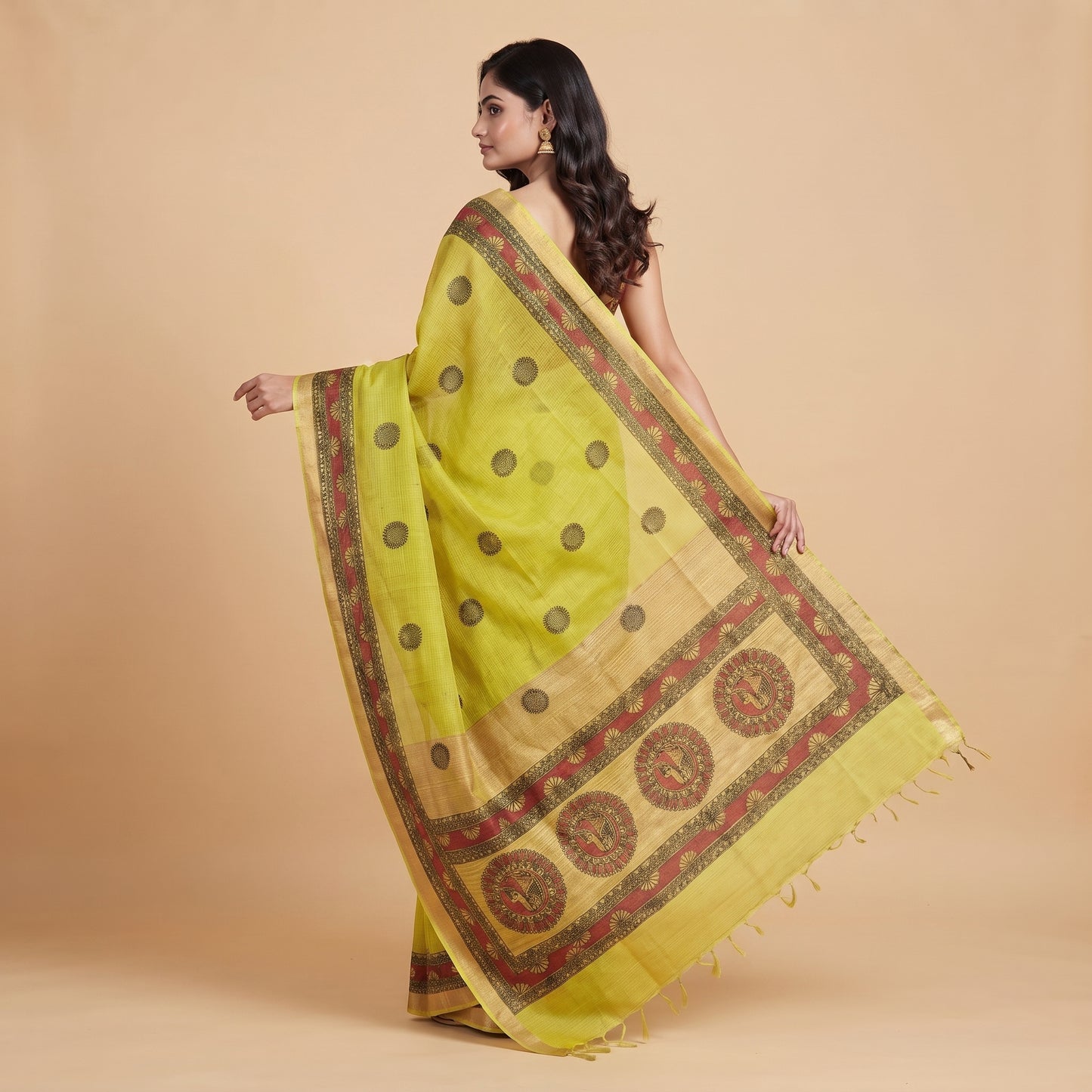 Lemon Green Handmade Madhubani Painting Saree for Women