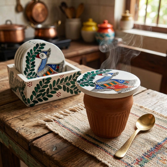 Handmade Peacock Madhubani Coaster Set with Stand