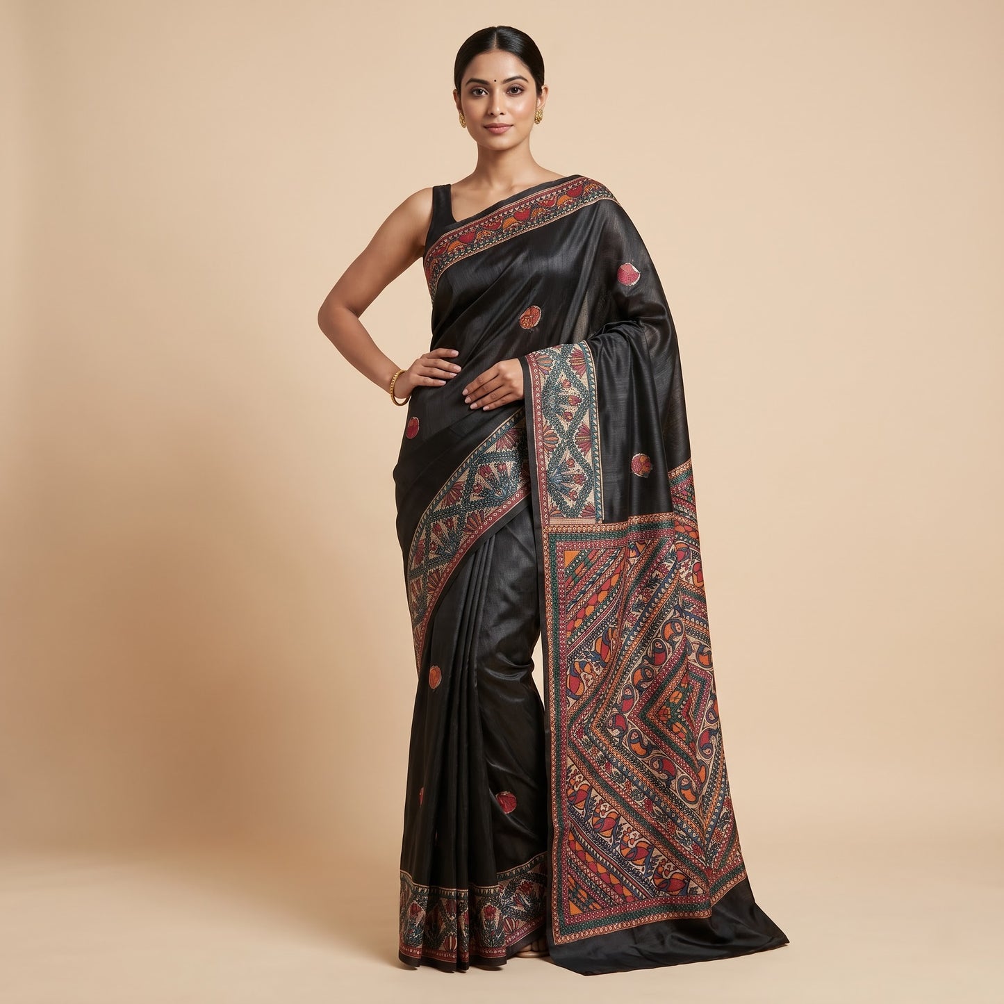 Black Handmade Madhubani Painting Saree with Blouse