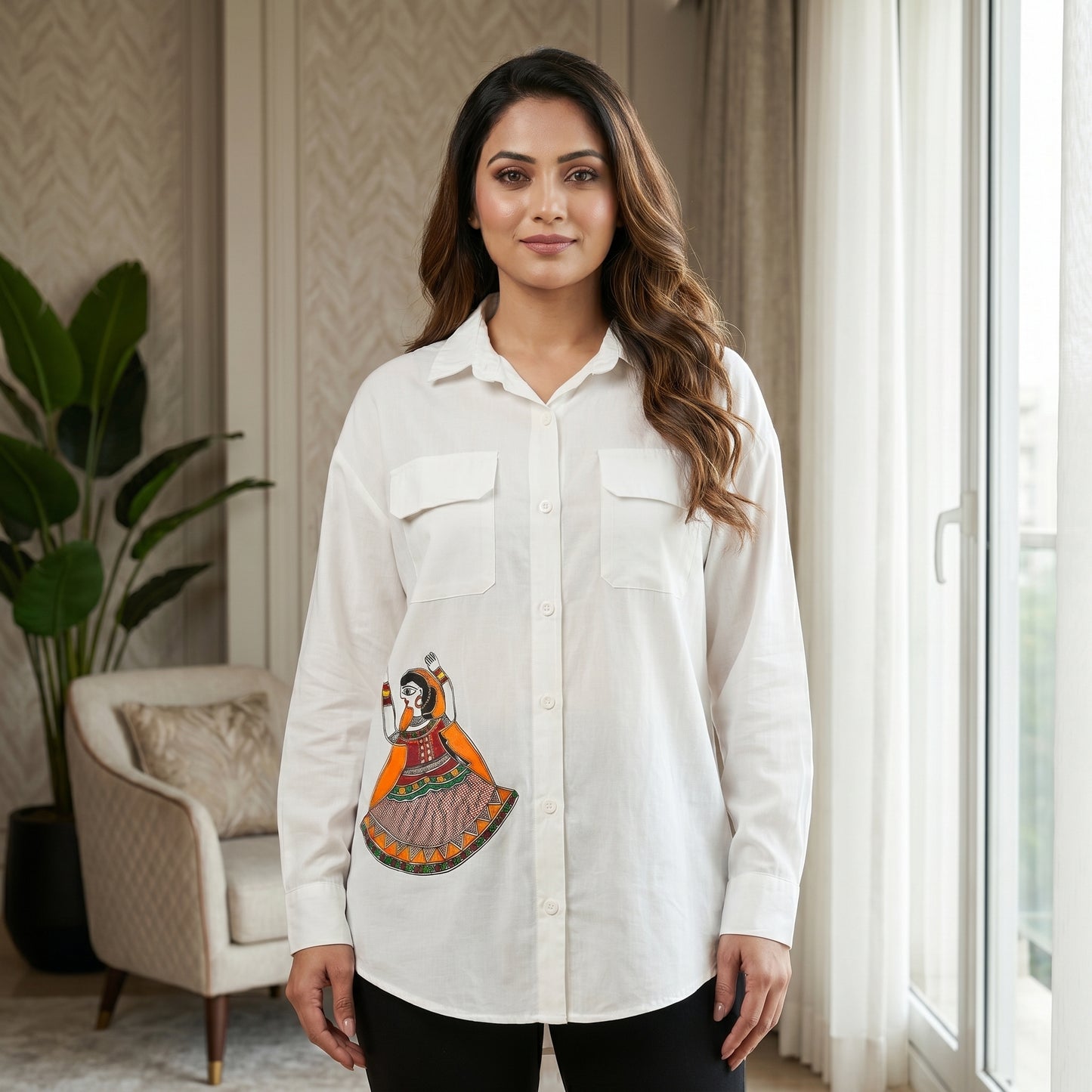 White Handmade Madhubani Painting Women Shirt