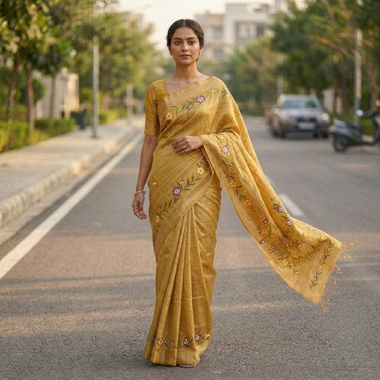 Golden Beige Floral Madhubani Saree with Blouse