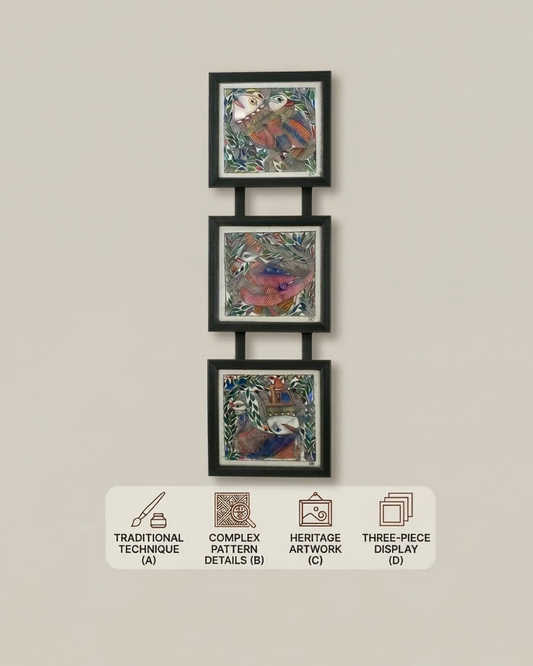 Fish & Peacock Madhubani Triple Frame Wall Hanging
