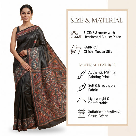 Black Handmade Madhubani Painting Saree with Blouse