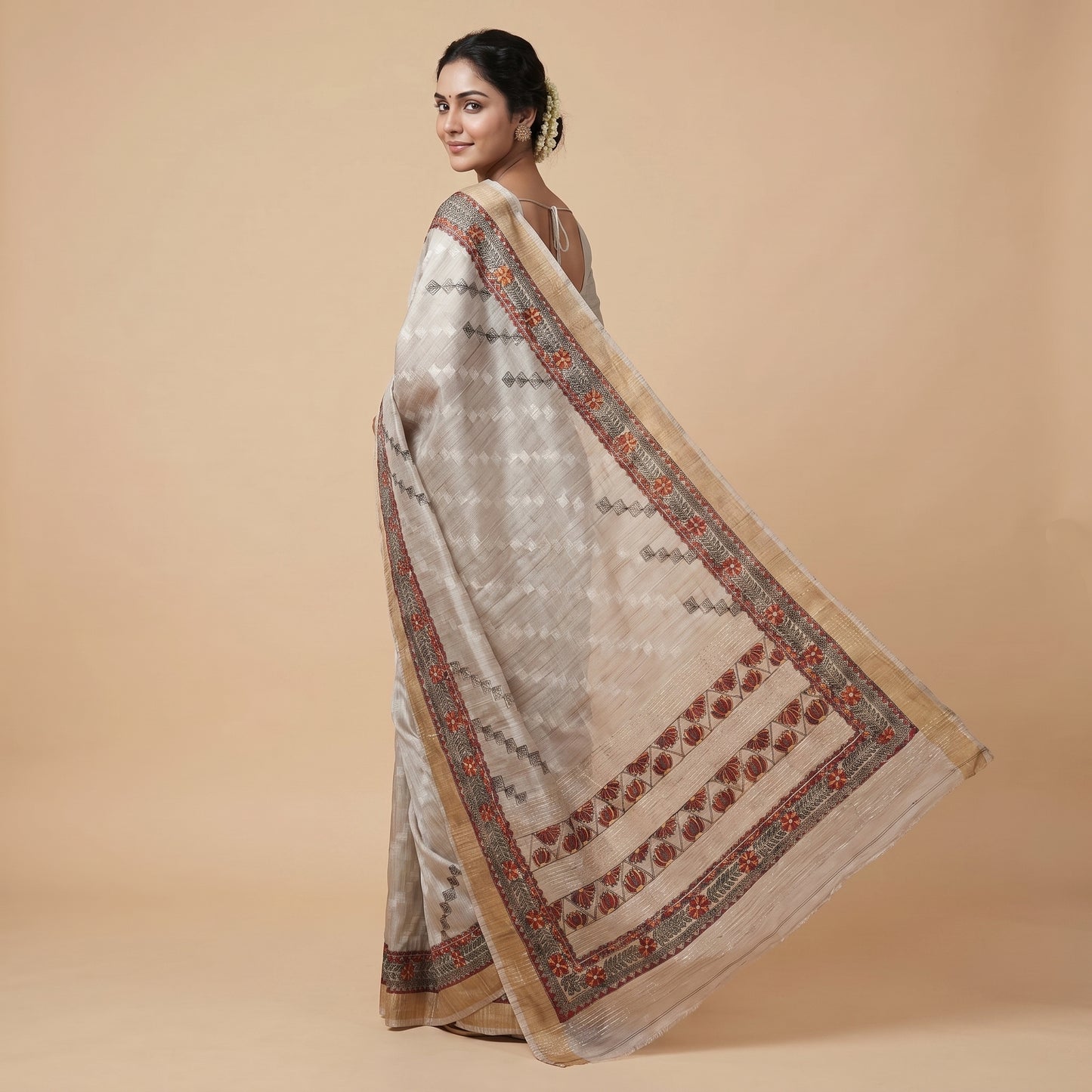 Light Greyish Beige Handmade Madhubani Painting Saree