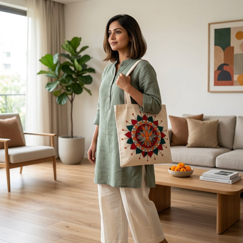 Hand-Painted Madhubani Tote Bag | Ethnic Carry Bag