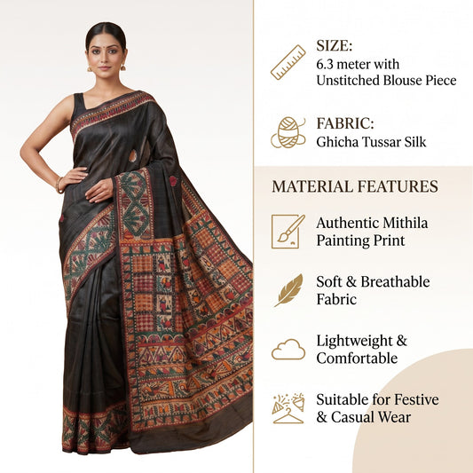 Black Handmade Madhubani Painting Saree with Blouse