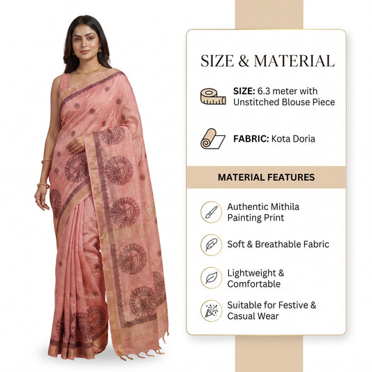 Onion Pink Handmade Madhubani Painting Saree with Blouse