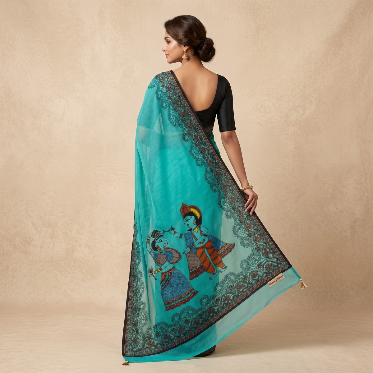 Turquoise Blue Handmade Madhubani Painting Saree