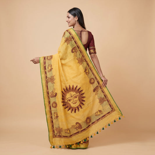 Sunshine Yellow Handmade Madhubani Painting Saree