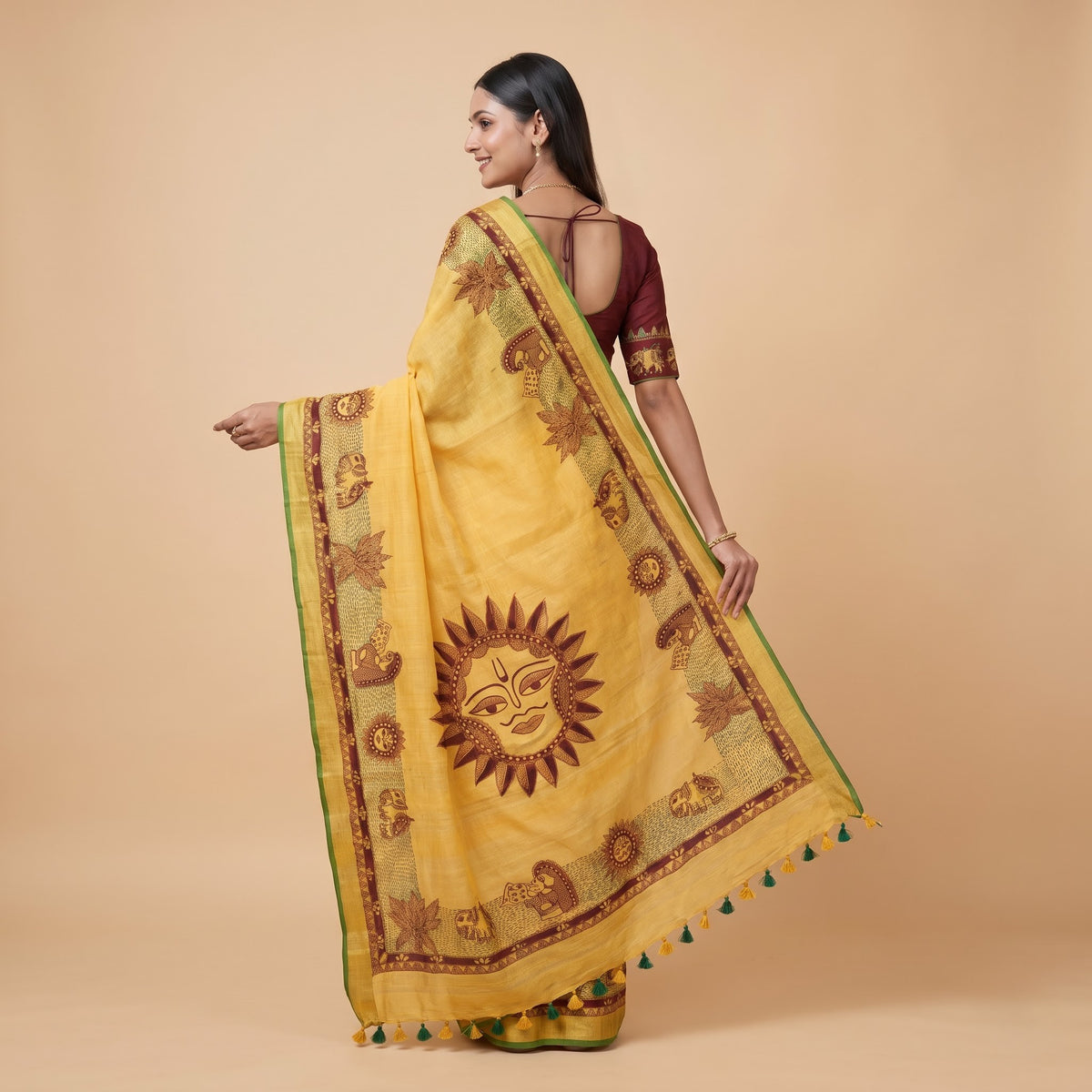 Sunshine Yellow Handmade Madhubani Painting Saree