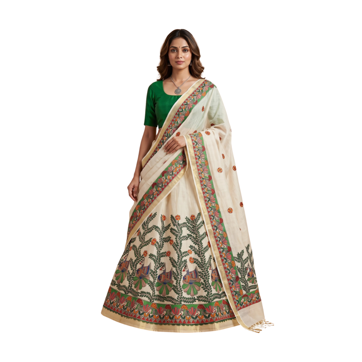 Madhubani Handpainted Green Lehenga Set with Dupatta
