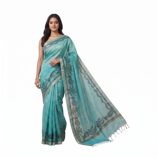 Turquoise Blue Handmade Madhubani Painting Saree