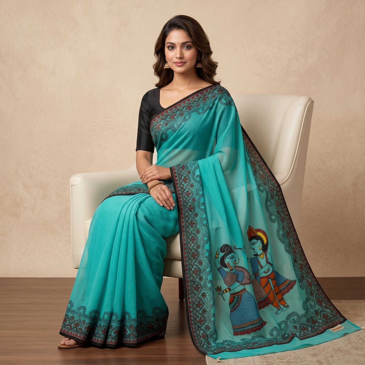 Turquoise Blue Handmade Madhubani Painting Saree