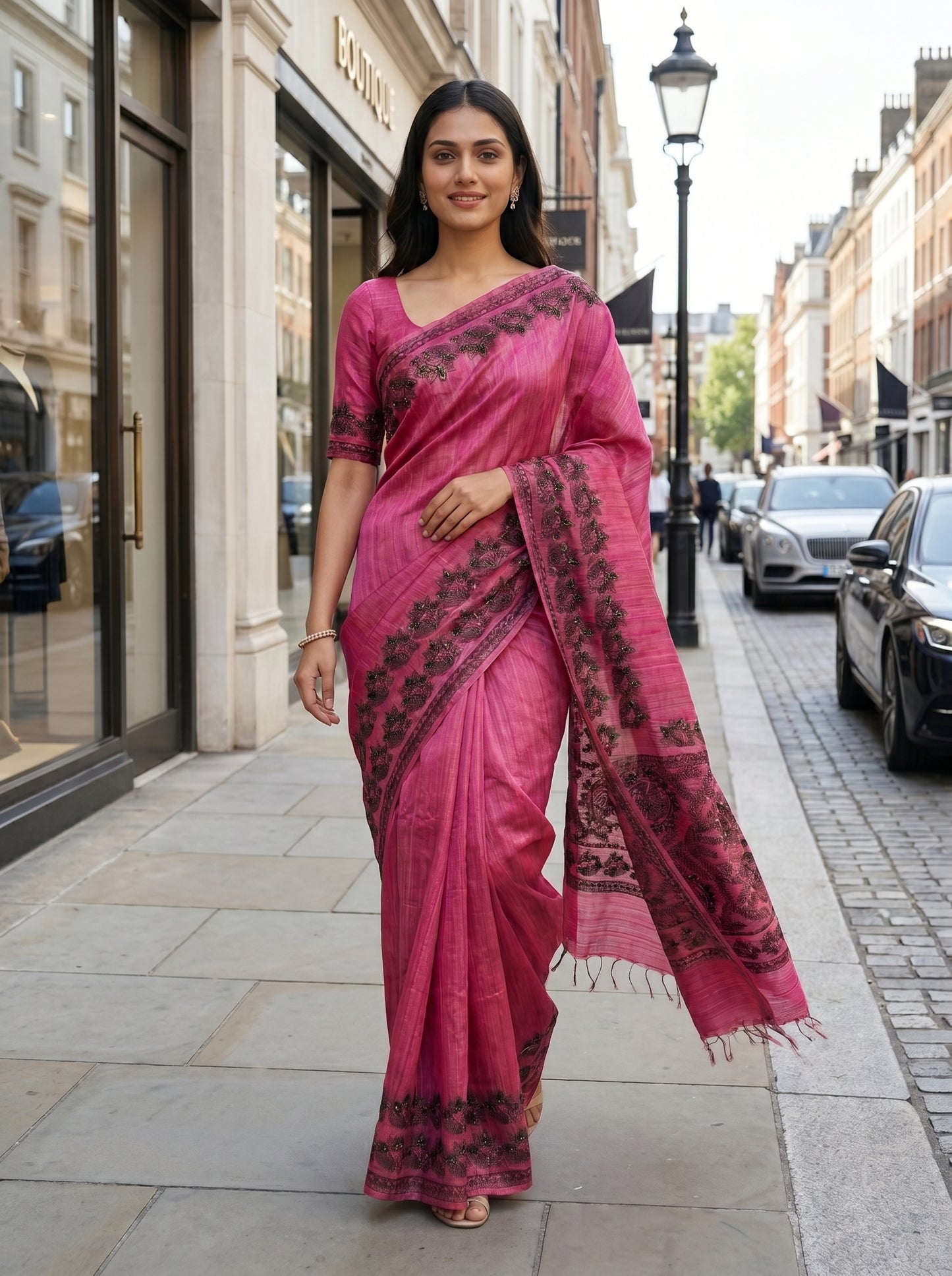 Rani Pink Handmade Madhubani Painting Saree for Women