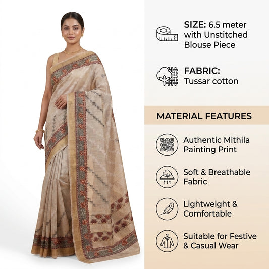 Light Greyish Beige Handmade Madhubani Painting Saree