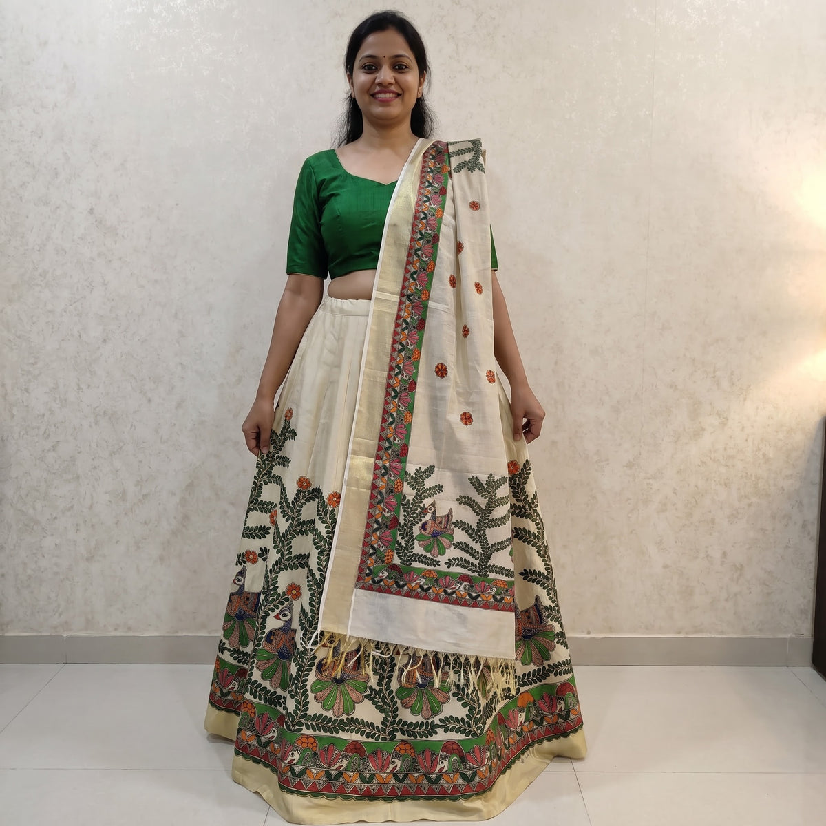 Madhubani Handpainted Green Lehenga Set with Dupatta