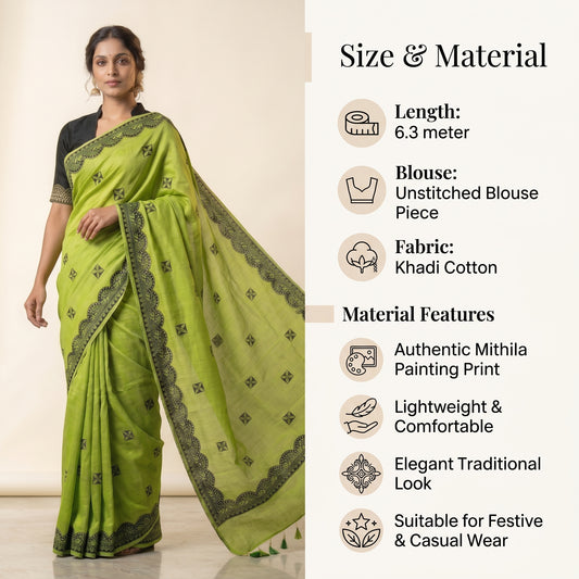 Parrot Green Handmade Madhubani Painting Saree for Women