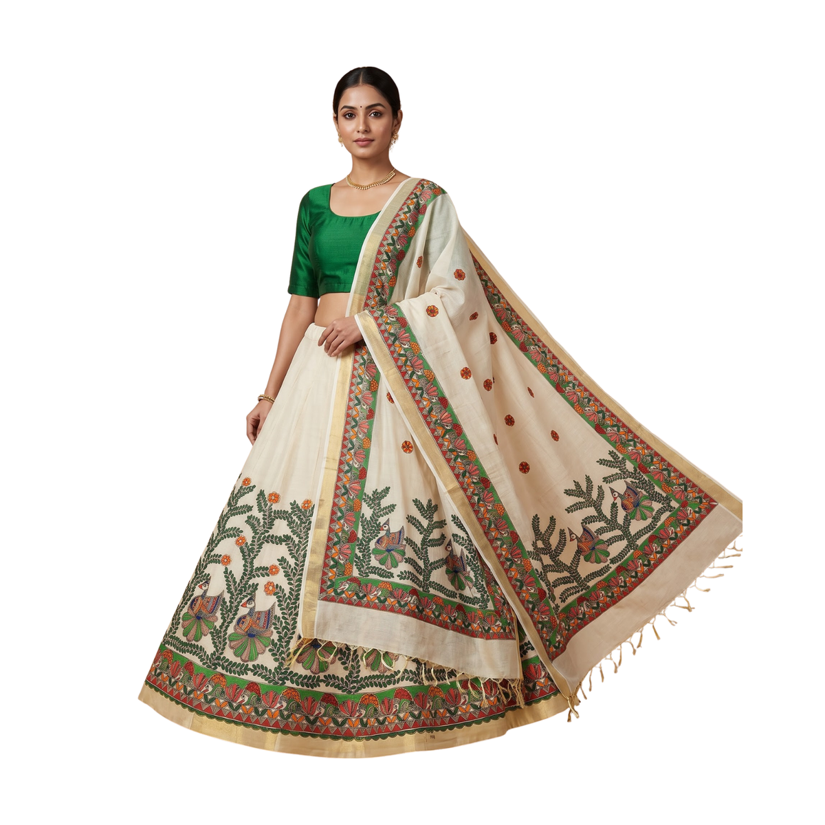 Madhubani Handpainted Green Lehenga Set with Dupatta