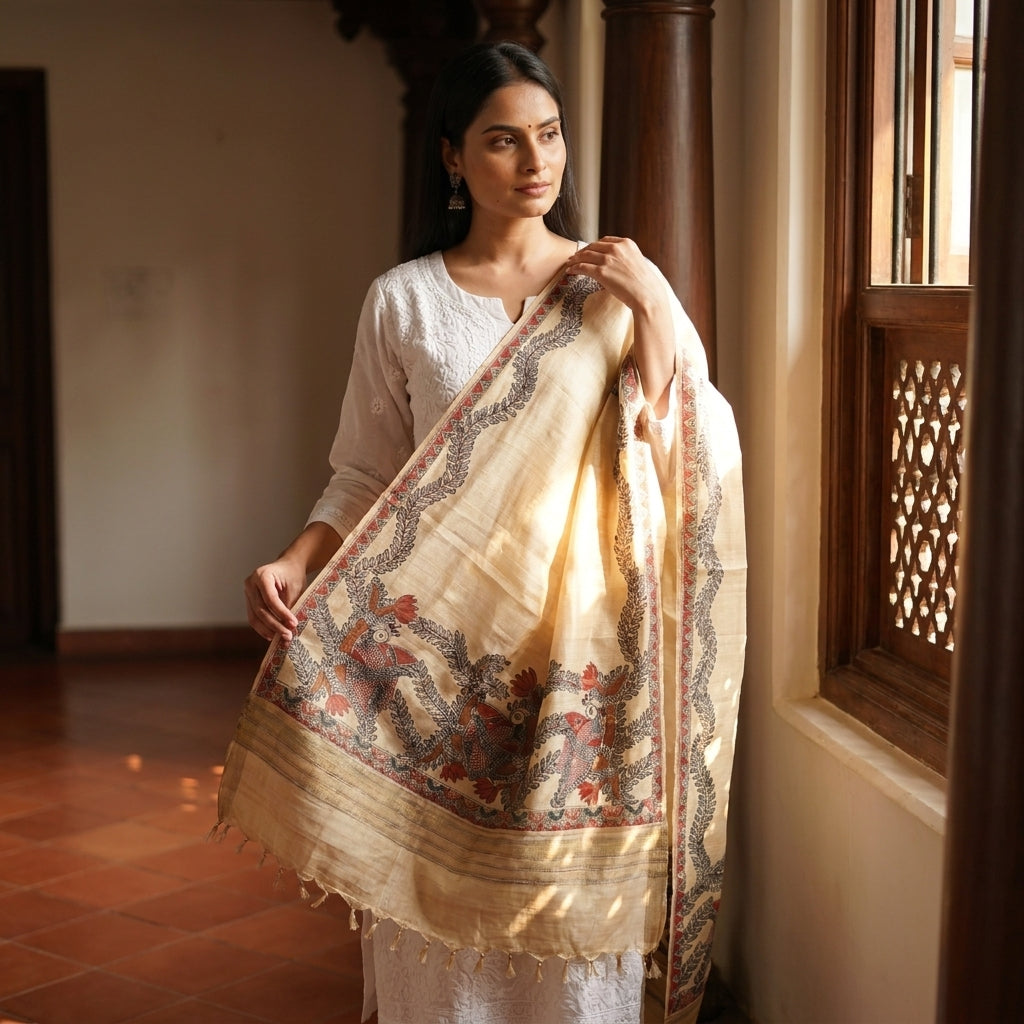 Handmade Madhubani Painting Dupatta for Women