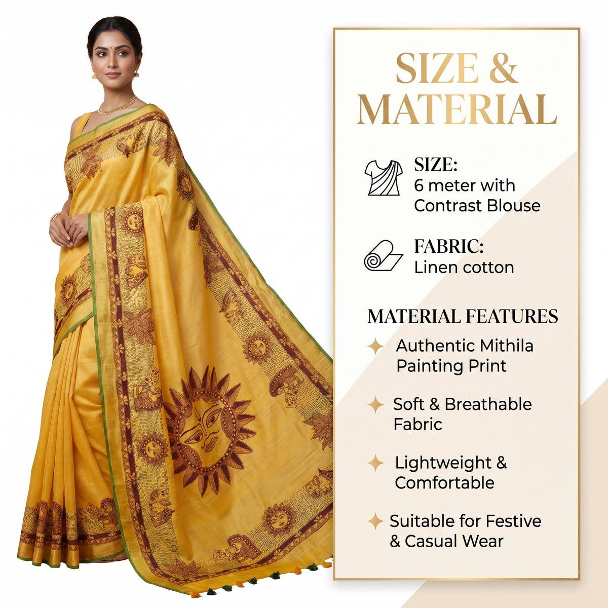 Sunshine Yellow Handmade Madhubani Painting Saree