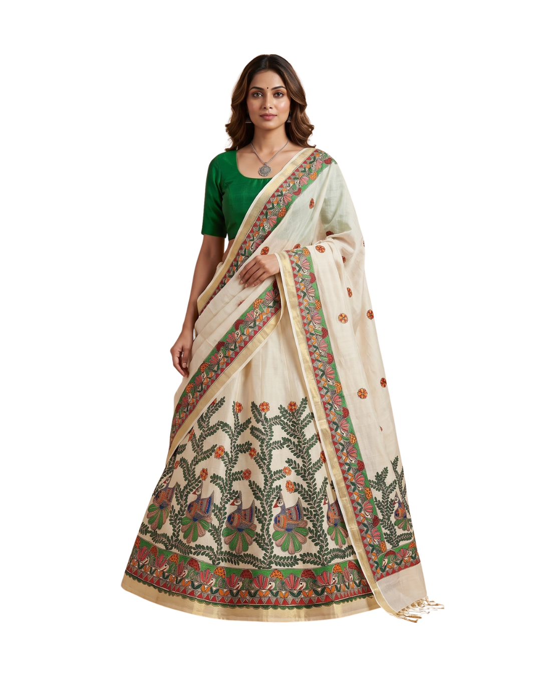 Madhubani Handpainted Green Lehenga Set with Dupatta