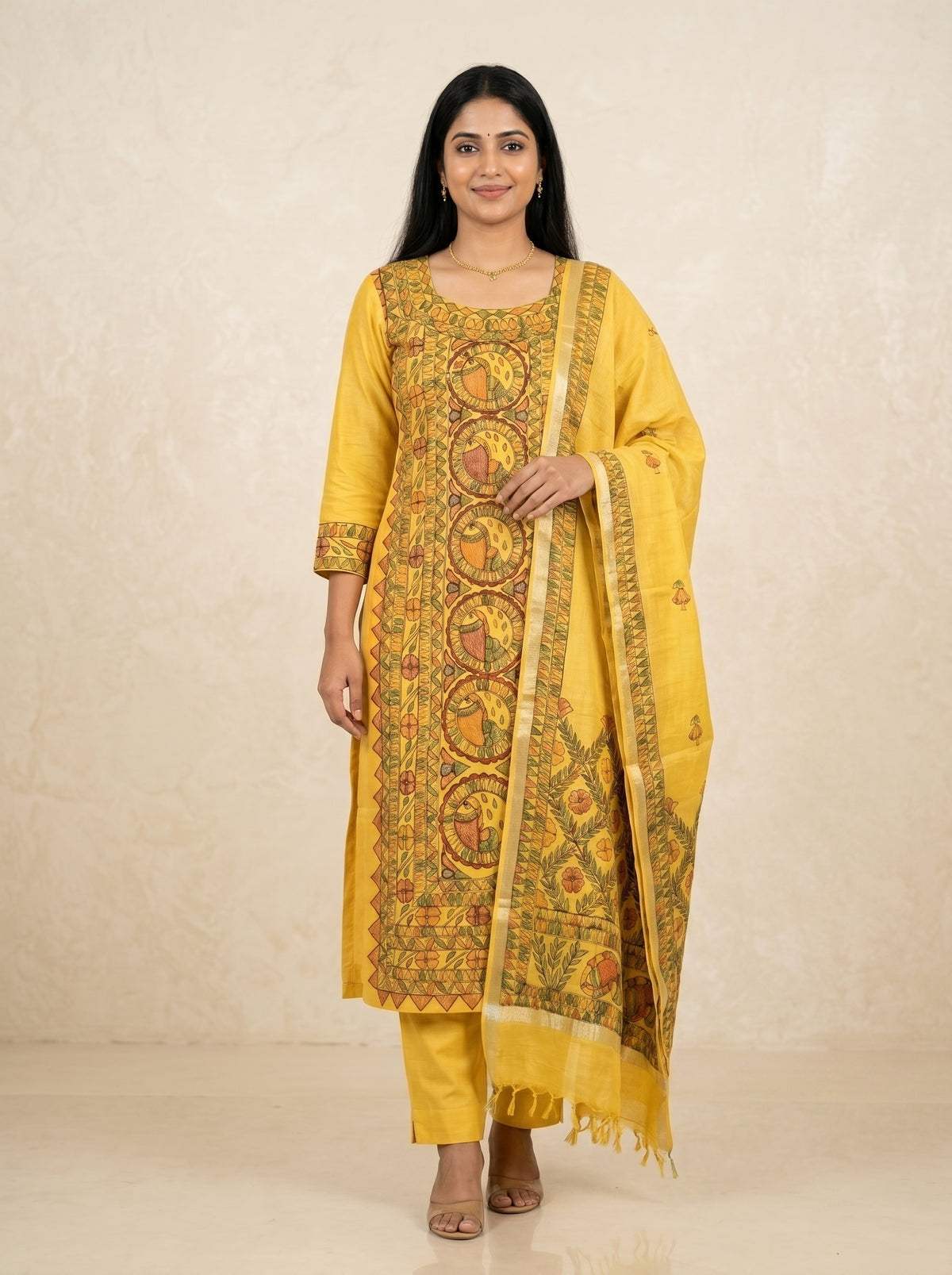 Hand-Painted Madhubani Kurti Palazzo Dupatta Set