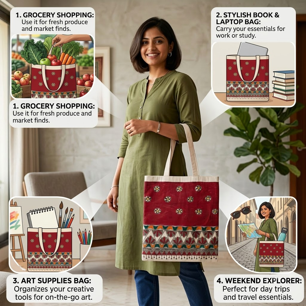 Handmade Madhubani Painting Tote Bag for Women