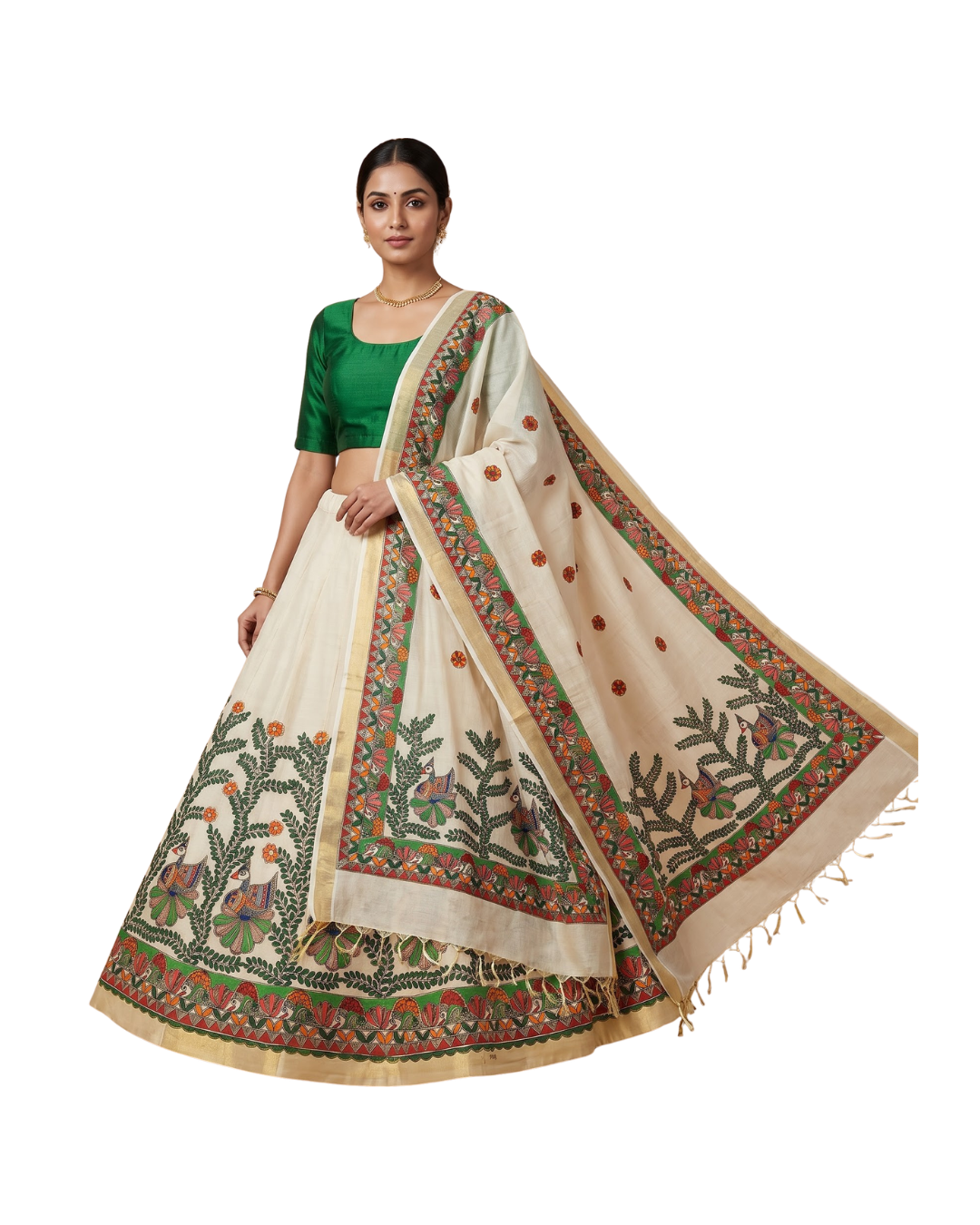 Madhubani Handpainted Green Lehenga Set with Dupatta