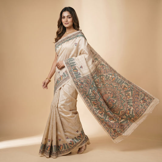 Light Cream Handmade Madhubani Painting Saree for Women
