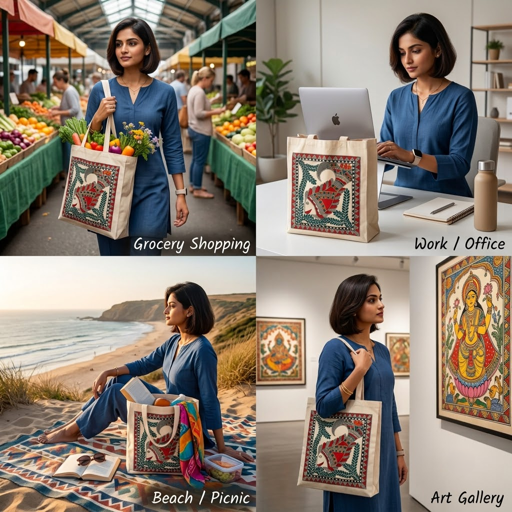 Handmade Madhubani Painting Tote Bag for Everyday Use