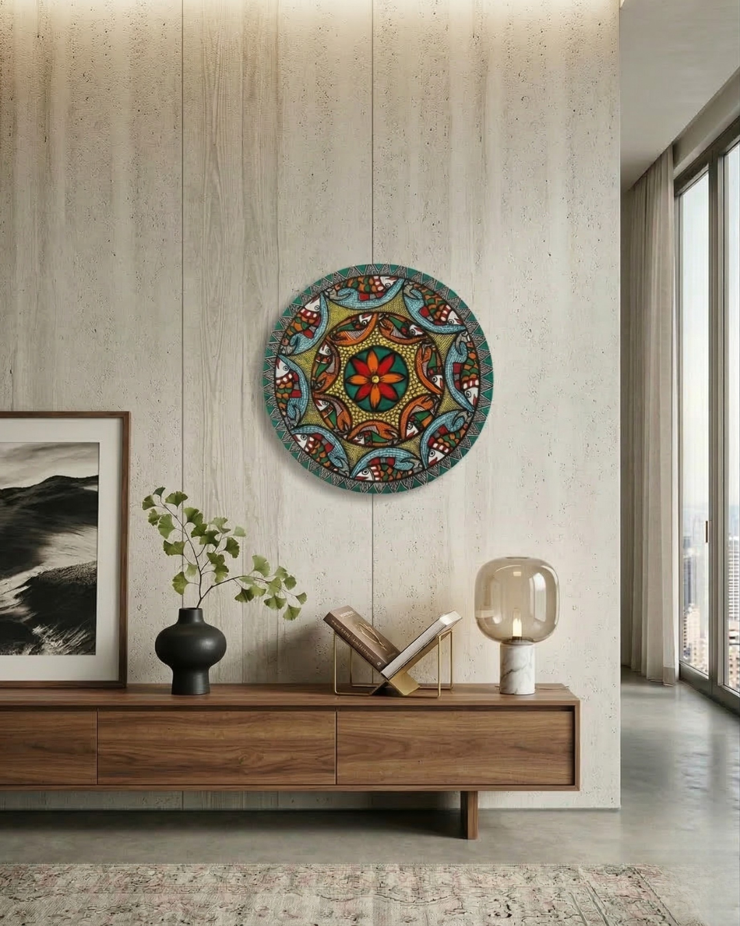 Fish & Lotus Mandala Madhubani Wall Art Painting
