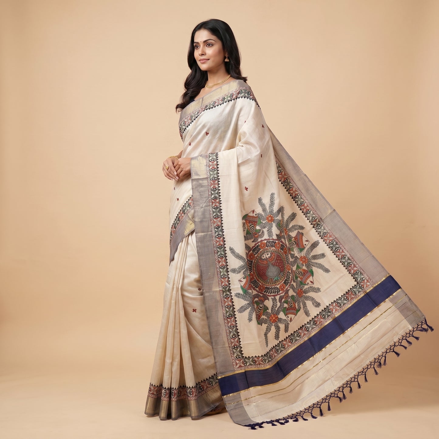 Light Cream Handmade Madhubani Painting Saree for Women