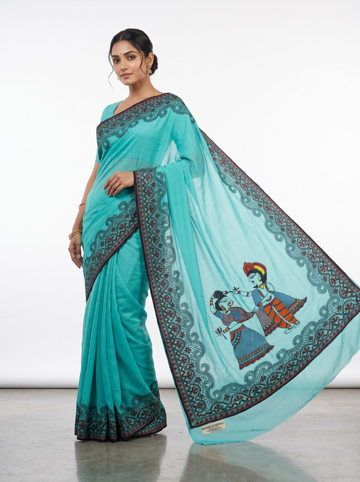 Turquoise Blue Handmade Madhubani Painting Saree
