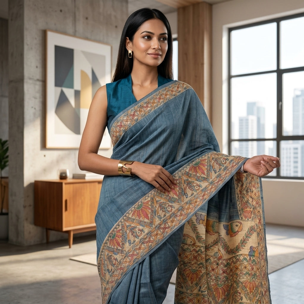 Handmade Madhubani Painting Saree with Blouse | Hand-Painted Ethnic Saree for Women