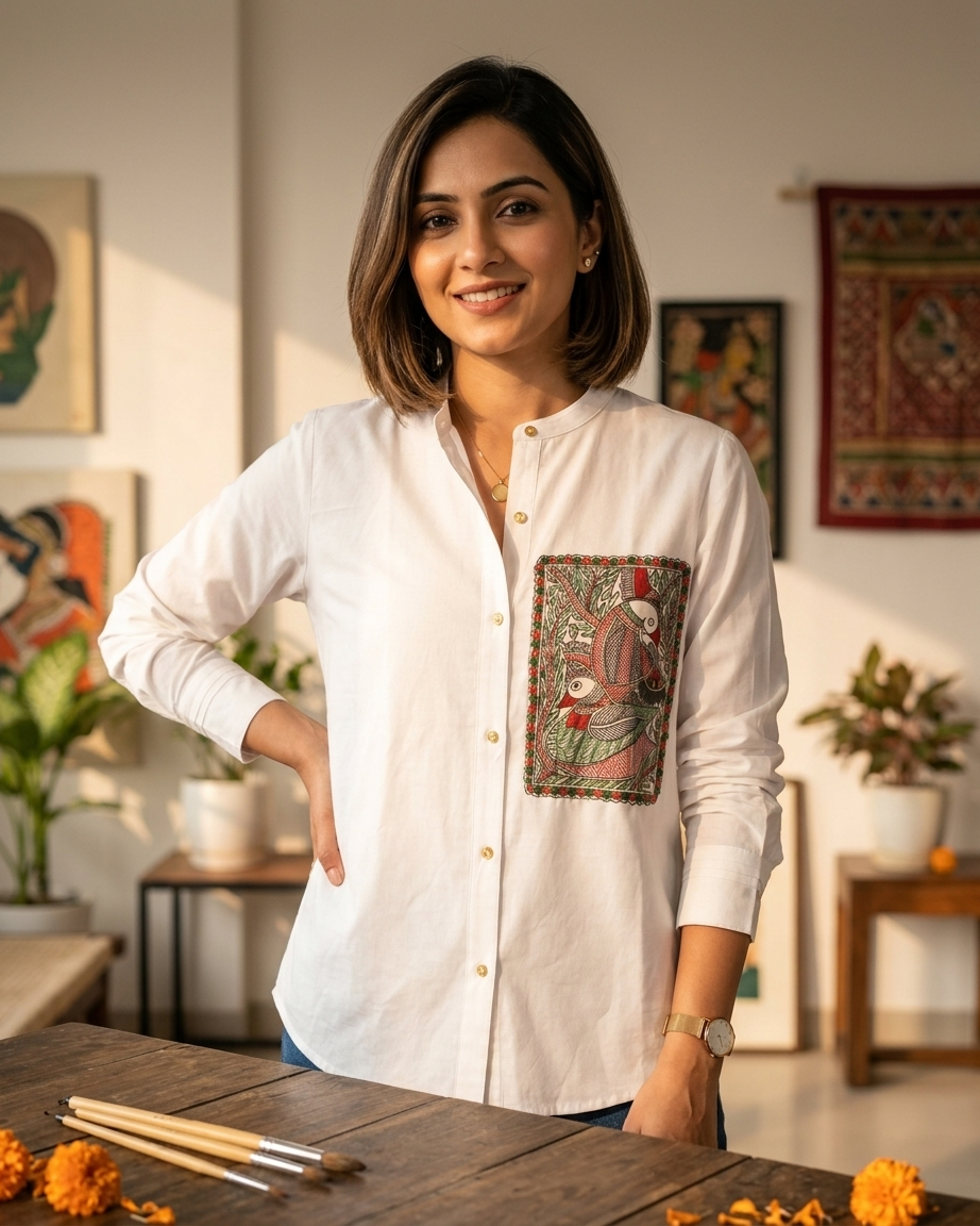 Women Madhubani Painting Shirt (Size M) – Handcrafted Ethnic Wear