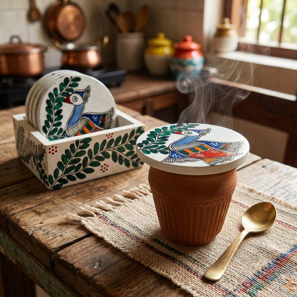 Handmade Peacock Design Coaster Set Madhubani Painting with Stand | Set of 6 Tea Coasters