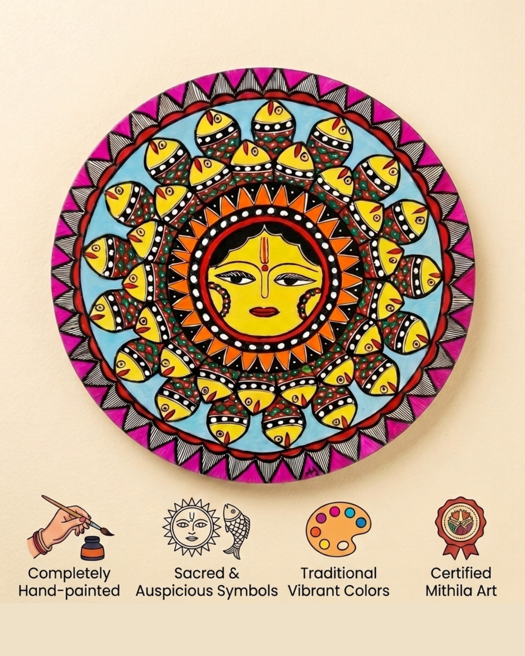 Handmade Surya & Fish Madhubani Wall Art on MDF Board – Traditional Mithila Painting Decor