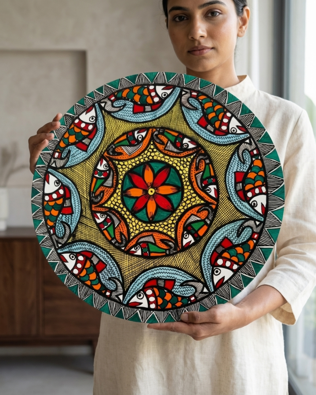 Fish & Lotus Mandala Madhubani Wall Art | 12 Inch MDF Board