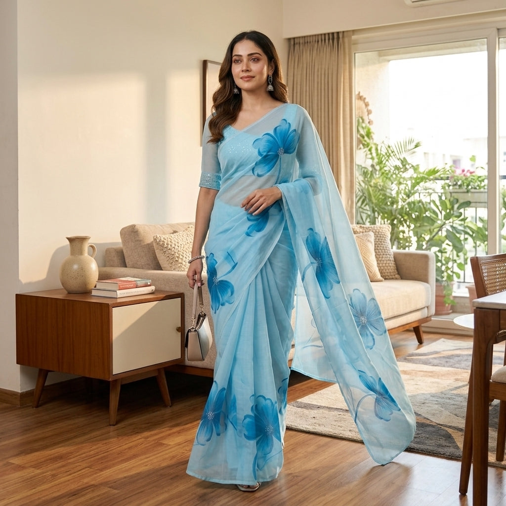 Sky Blue Floral Handmade Madhubani Painting Saree with Blouse – Handcrafted Mithila Art