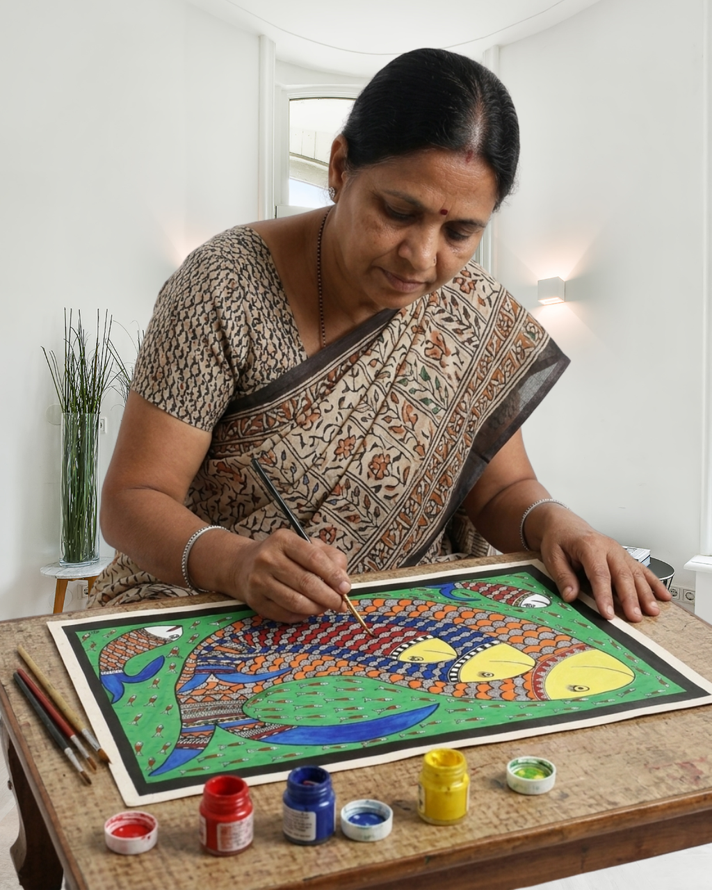 Fish Madhubani Painting on Handmade Paper (14x22 Inch) – Traditional Mithila Folk Art Wall Decor