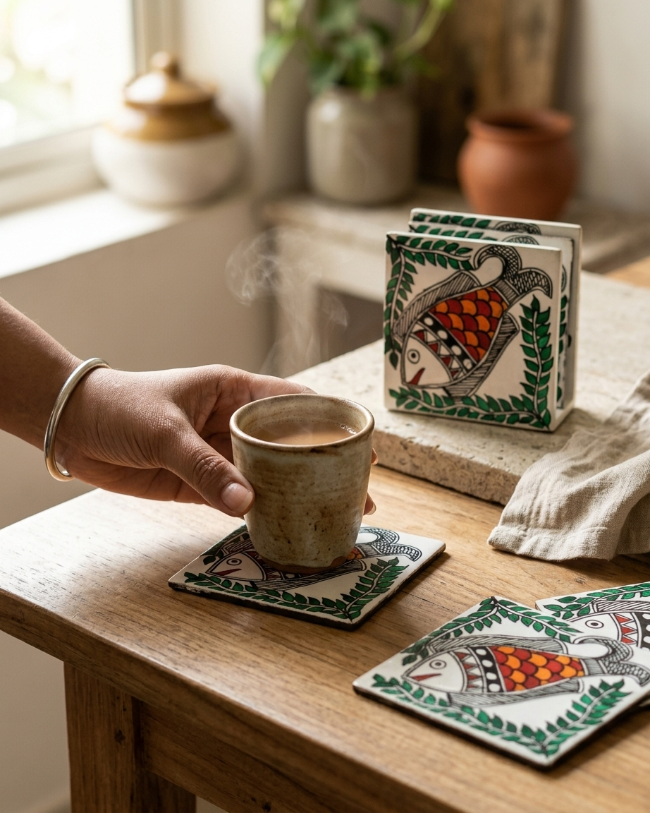 Handmade Fish Design Madhubani Coaster Set with Stand – MDF Board Decorative Tea Coasters (Set of 6)