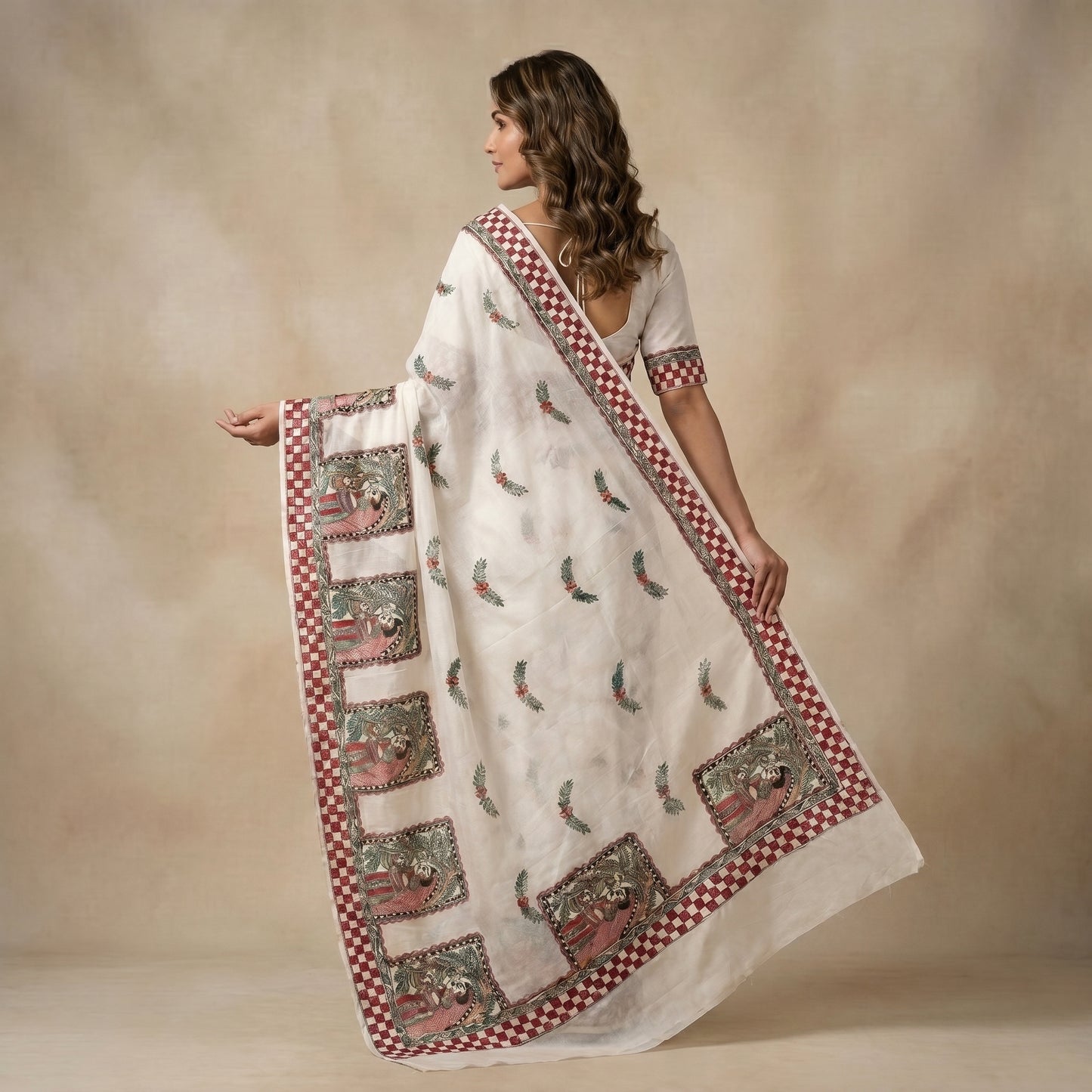 White Handmade Madhubani Painting Saree with Blouse