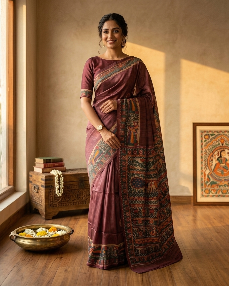 Handmade Madhubani Painting Silk Saree with Blouse | Ethnic Saree for Women