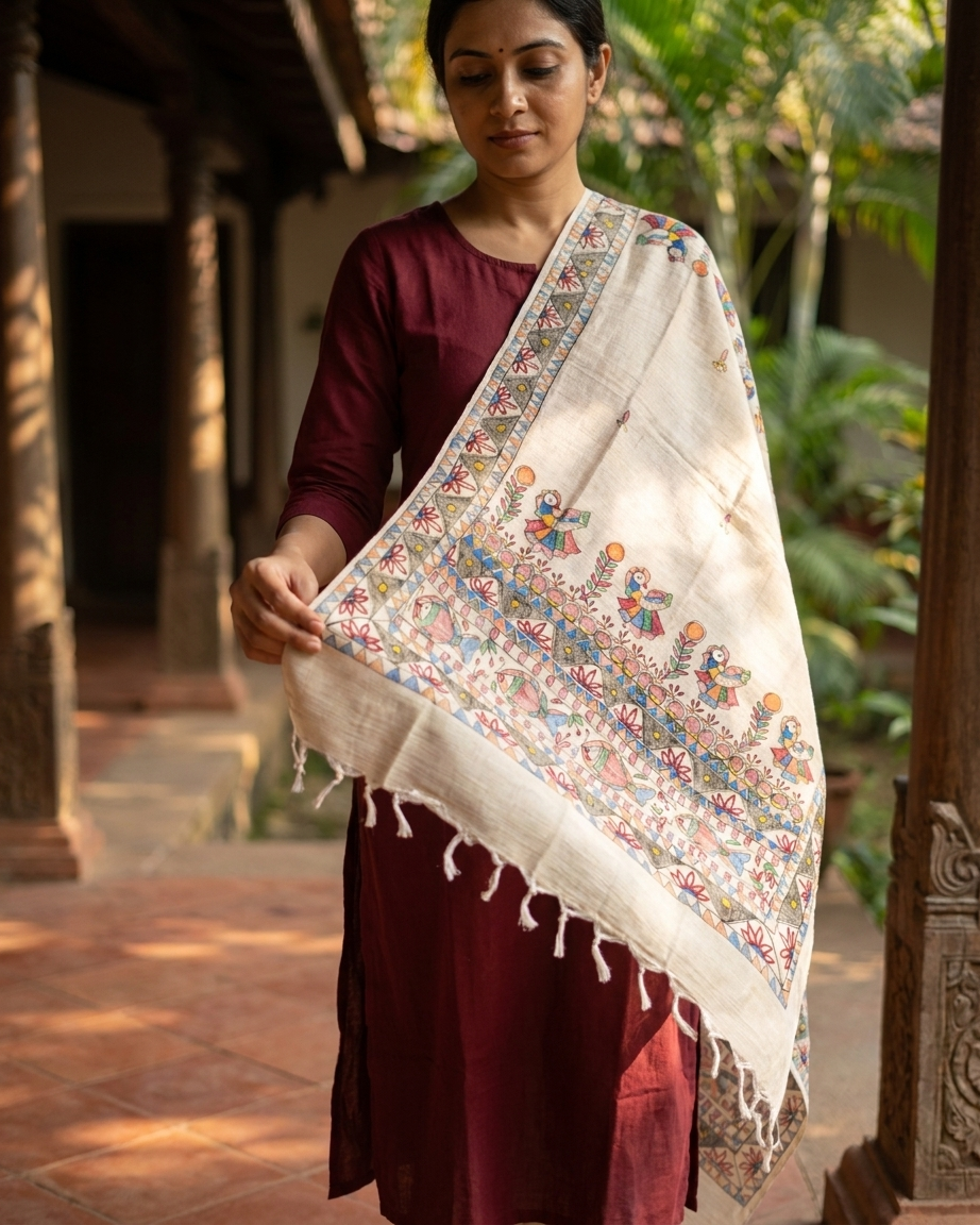Handmade Madhubani Painting Dupatta for Women – Ethnic Handcrafted
