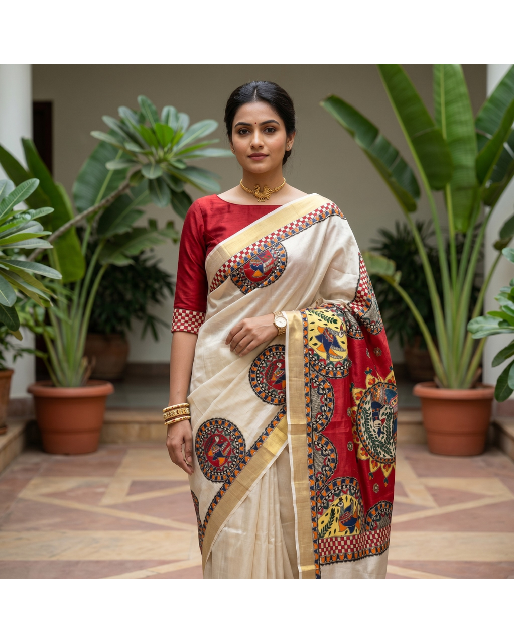 Handmade Madhubani Painting Kerala Cotton Saree with Blouse | Ethnic Saree