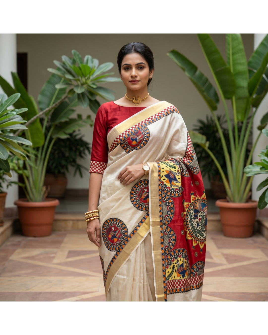 Handmade Madhubani Painting Kerala Cotton Saree with Blouse | Ethnic Saree