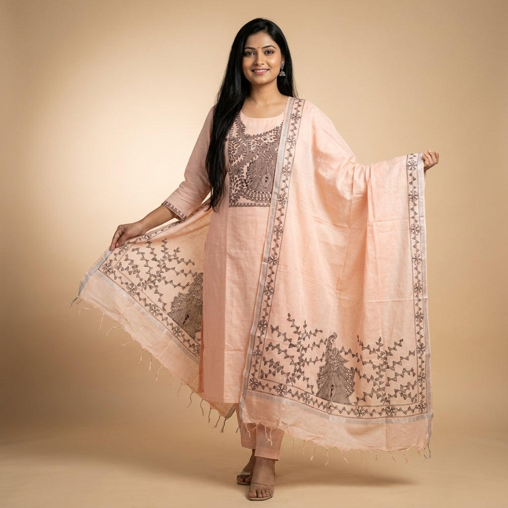 Hand-Painted Madhubani Kurti Plazzo Dupatta Set