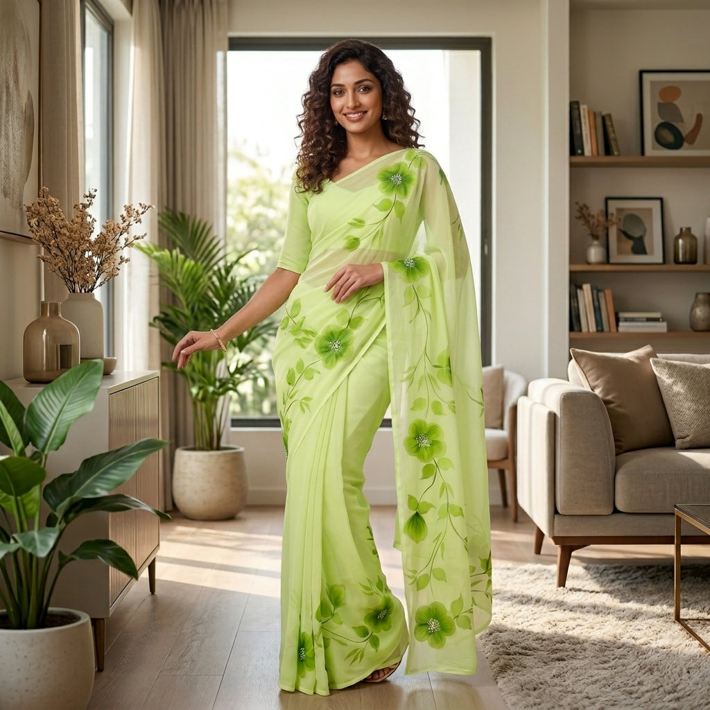 Pista Green Floral Handmade Madhubani Painting Saree with Blouse