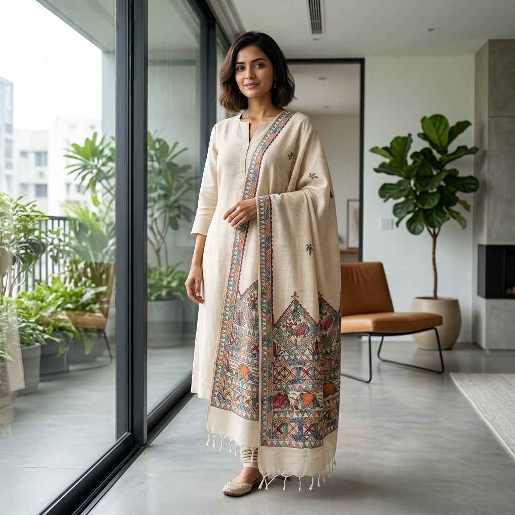 Handmade Madhubani Painting Dupatta for Women | Traditional Ethnic