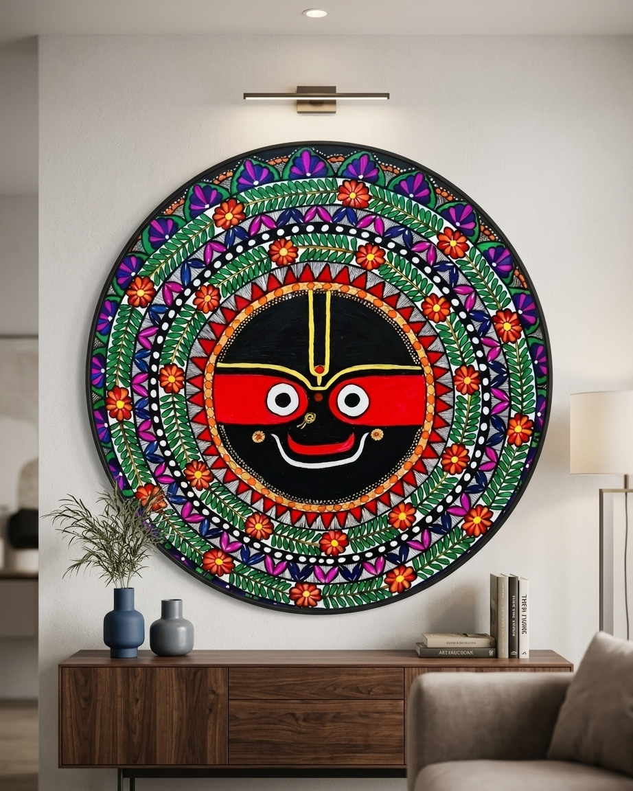 Jagannath Ji Madhubani Painting Wall Art – Handmade MDF Board Spiritual Home Decor